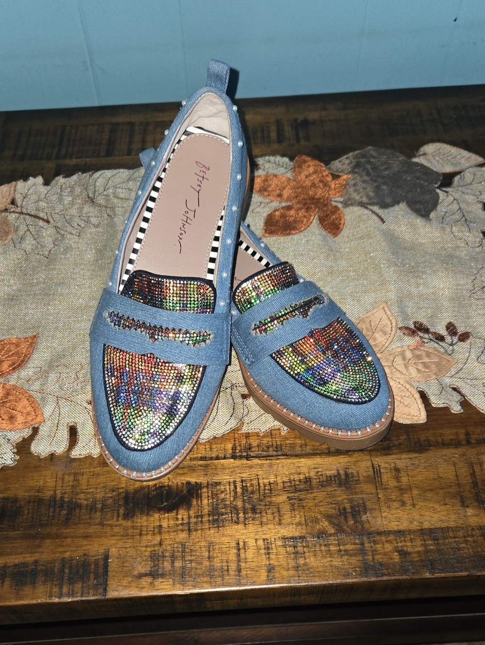 Betsey Johnson Halliee Blue Denim Flats with Multicolor Sequin Toe